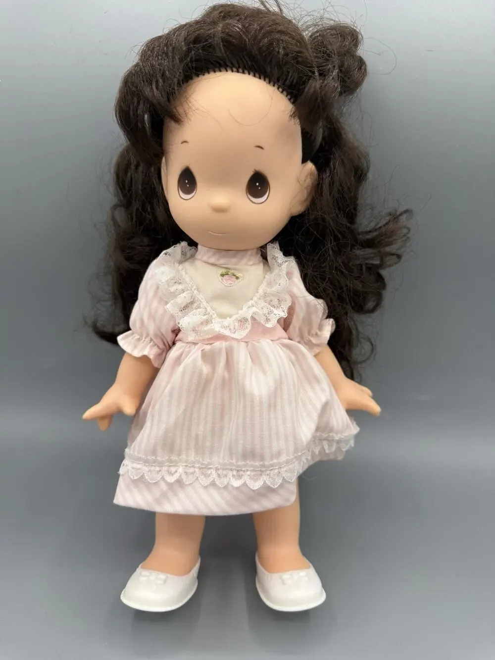 Precious Moments 12” Brunette Vinyl Doll Pink Stripe Lace Dress White Shoes